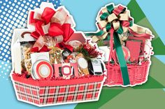 two baskets filled with holiday gifts on top of a blue and green background