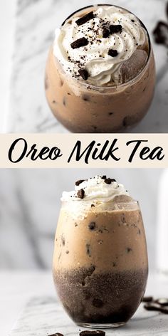 two different shots of oreo milk tea