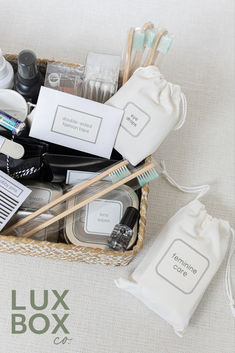 a basket filled with personal care items on top of a table