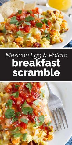 mexican egg and potato breakfast scramble on a white plate