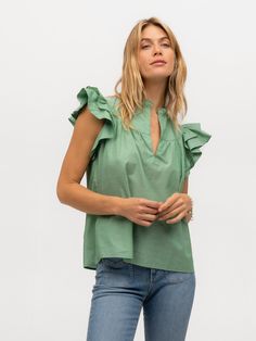 GREEN SOLID Our playful Flutter Sleeve top perfect for warmer weather in vibrant green cotton voile. Casual Cotton Flutter Sleeve Tops, Casual Cotton Tops With Flutter Sleeves, Green Relaxed Fit V-neck Blouse, Green Relaxed Fit V-neck Top, Spring Ruffle Sleeve Top With Relaxed Fit, Spring Relaxed Fit Tops With Ruffle Sleeve, Relaxed Fit Flutter Sleeve Tops For Spring, Relaxed Fit Ruffle Sleeve Tops For Spring, Summer Cotton Blouse With Ruffles