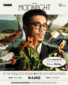 a man with glasses holding flowers in front of a poster for the movie moonlight night