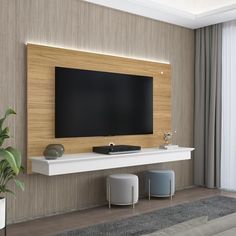 a flat screen tv mounted to the side of a wall in a modern living room