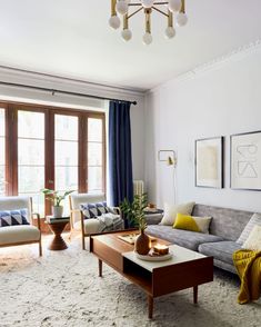 a living room with two couches and a coffee table in front of a window