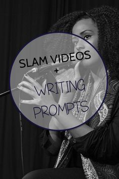 a woman sitting in front of a microphone with the words slam videos written on it