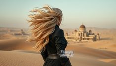 the woman is walking in the desert with her hair blowing in the wind and buildings in the background