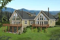 this is an artist's rendering of a house in the woods with large windows