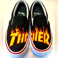 Slip On Thrasher Vans Collection. This Collection Still Goes For $200 On Goat Or Stock X. Size 4.5 In Men, Fits Like A 6.5 In Women’s Vans Collection, Vans Black, Men Fits, Mens Vans, Vans Shoes, Slip Ons, Loafer Shoes, Black Red, Men's Shoes