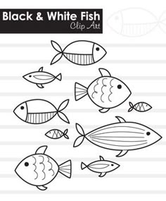 the black and white fish clip art is shown on a striped paper with lines in the background