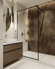 a bathroom with a sink, mirror and shower in it's center wall that has wood paneling on the walls