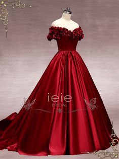 Dark Red Off the Shoulder Ball Gown Wedding Dress with Roses MURINA Red Ball Gown Elegant, Red Gowns Elegant, Wedding Dress With Roses, Opera Gown, Red Ballgown, Lace Up Corset Back, Dress With Roses, Red Ball Gowns, Red Colour Dress