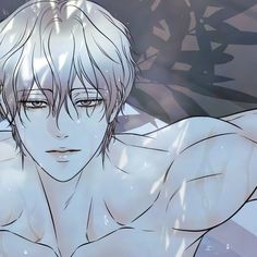 an anime man with white hair and no shirt on posing in front of a background