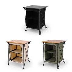 three different types of folding tables with shelves