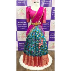 Beautiful kalamkari half saree with Pattu border. Pink and blue combo. Fits size 40 to 44 Kalamkari Half Saree, Lehenga Gown, Ready To Wear Saree, Hand Work Blouse, Chaniya Choli, Half Saree, Long Gown, Work Blouse, Men's Collection