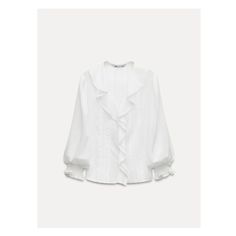 ZARA WOMAN COLLECTIONBlouse made with 100% cotton. V-neck with self ruffle trim. Long sleeves with elasticized cuffs. Tonal lace appliqué. Front button closure. White V-neck Blouse With Ruffles, Elegant White Tops With Ruffle Hem, Elegant White Top With Ruffle Hem, White Long Sleeve Blouse With Smocked Cuffs, White Ruffle Hem Blouse For Work, Classic Cotton Blouse With Ruffles, White V-neck Blouse With Ruffle Hem, White Long Sleeve Tops With Ruffle Hem, White Tops With Smocked Cuffs For Fall