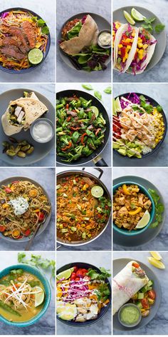 several pictures of different types of food being served in bowls and pans on the table