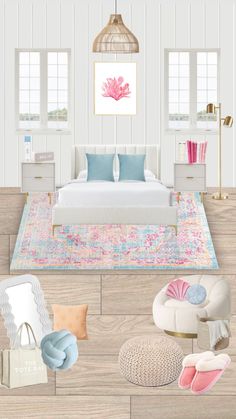 a bedroom with white walls and wooden floors, pink rugs, blue throw pillows, gold accents