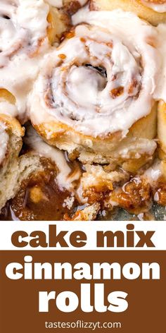 cinnamon rolls with icing on top and the words cake mix cinnamon rolls above them