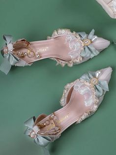 Handmade Hime Lolita Shoes Ruffle Trim Rhinestones Beaded Green High Heels White Princess Shoes, Fantasy Wedding Shoes, Manhwa Princess Shoes, Manhwa Heels, Cute Heels Aesthetic, Fantasy Shoes Heels, Whimsical Heels, Fantasy High Heels, Manhwa Shoes