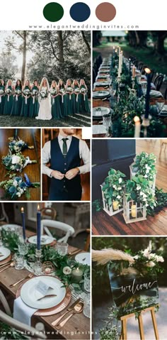 a collage of photos with green and white wedding colors in the same color scheme