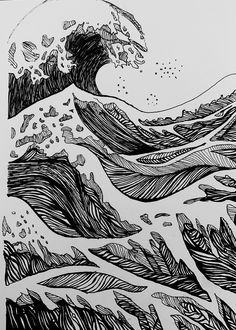 an ink drawing of a wave in the ocean