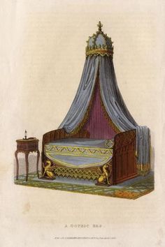 an antique drawing of a bed with a canopy