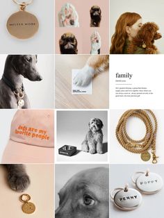 a collage of photos with dogs and accessories on them, including hats, necklaces, earrings, bracelets