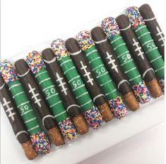 football themed chocolate covered pretzels with sprinkles