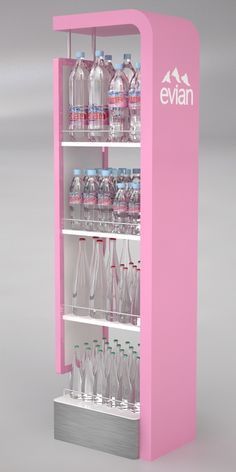 a pink display case filled with lots of water and bottled drinks on shelves next to each other