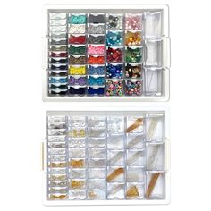 two plastic storage containers filled with beads and other crafting supplies on top of each other