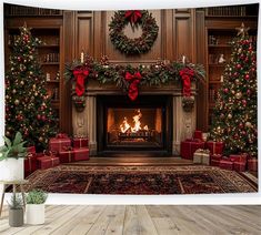 a fireplace with christmas decorations and presents around it