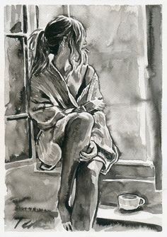 a drawing of a woman sitting on a window sill next to a cup and saucer