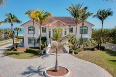 a large white house with palm trees in the front yard and walkway leading up to it