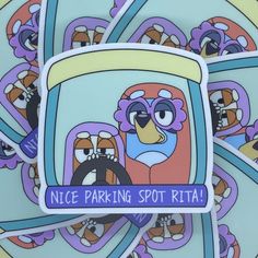 a pile of cartoon stickers with the words nice parking spot ria on them