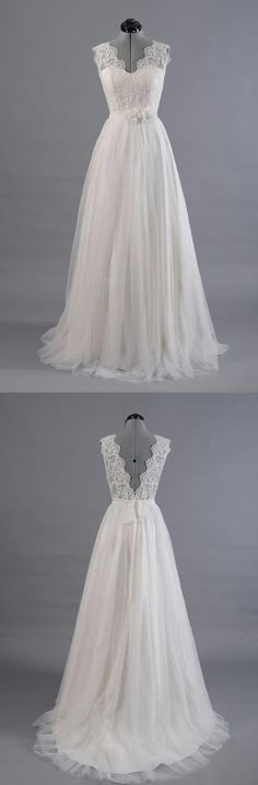 the back and front views of a white wedding dress on a mannequin dummy