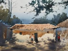 watercolor painting of two people standing in front of a hut