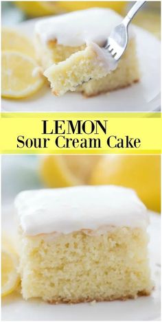 lemon sour cream cake on a white plate with a fork in it and the rest of the cake