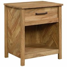 a wooden night stand with an open drawer