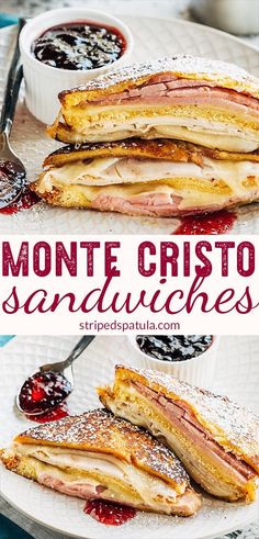 a plate with pancakes covered in powdered sugar and jam, on top of it is the words monte cristo sandwhiches