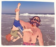 an image of a man on the beach being pulled by another person with his arm in the air