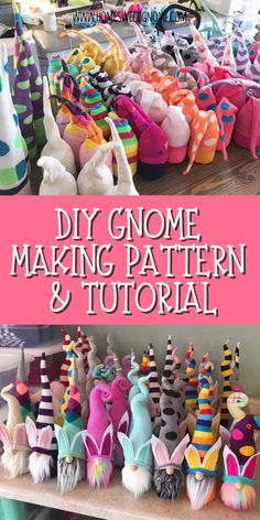 some colorful items are sitting on a table with the words diy gnome, making pattern and