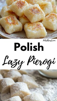 polish lazy pierogi with powdered sugar on top and another photo in the background