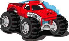 a red monster truck with big tires and teeth