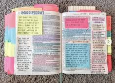 an open bible with colorful notes on the pages and words that read good friday written in different colors