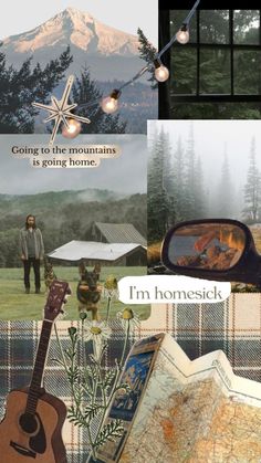 a collage of pictures with mountains and trees