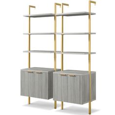 two grey and gold bookshelves with metal handles