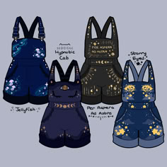 four different types of shorts with stars and moon designs on the front, one in blue and