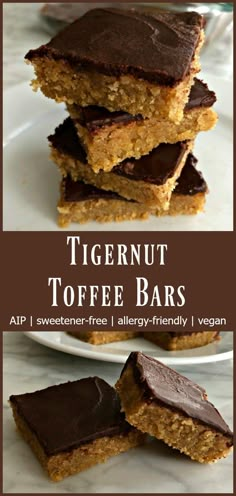 tigernut toffe bars stacked on top of each other with chocolate in the middle