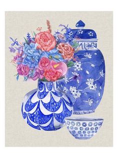 a painting of blue and white vases with flowers in them