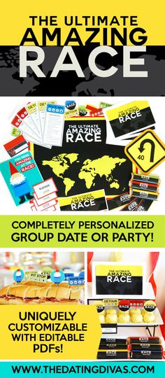 the ultimate amazing race party flyer is shown